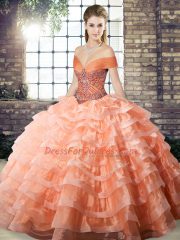 Pretty Peach Sleeveless Brush Train Beading and Ruffled Layers Quince Ball Gowns