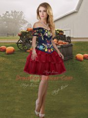 Wine Red Tulle Lace Up Off The Shoulder Sleeveless Quinceanera Dresses Brush Train Embroidery and Ruffled Layers