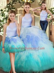 High-neck Sleeveless Tulle Quinceanera Dresses Ruffles Backless