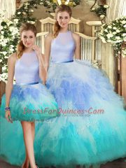 High-neck Sleeveless Tulle Quinceanera Dresses Ruffles Backless