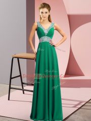 Ideal Dark Green Empire Beading Prom Gown Lace Up Chiffon Sleeveless Floor Length