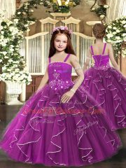 Purple Lace Up Little Girls Pageant Gowns Ruffles Sleeveless Floor Length
