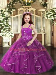 Purple Lace Up Little Girls Pageant Gowns Ruffles Sleeveless Floor Length