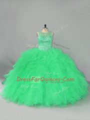 Great Turquoise Tulle Lace Up Scoop Sleeveless Floor Length Sweet 16 Dress Beading and Ruffles