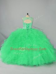 Great Turquoise Tulle Lace Up Scoop Sleeveless Floor Length Sweet 16 Dress Beading and Ruffles