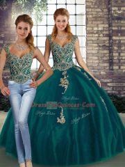 Straps Sleeveless Lace Up Quince Ball Gowns Peacock Green Tulle