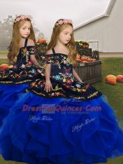 Custom Fit Tulle Straps Sleeveless Lace Up Embroidery and Ruffles Little Girl Pageant Dress in Royal Blue