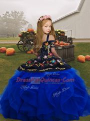 Custom Fit Tulle Straps Sleeveless Lace Up Embroidery and Ruffles Little Girl Pageant Dress in Royal Blue