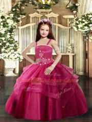 Cute Red Tulle Lace Up Straps Sleeveless Floor Length Child Pageant Dress Beading
