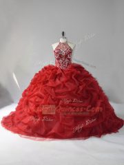 Enchanting Sleeveless Beading and Pick Ups Lace Up Ball Gown Prom Dress with Wine Red Court Train