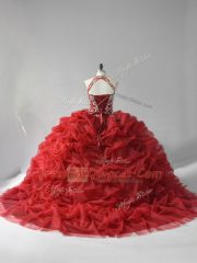 Enchanting Sleeveless Beading and Pick Ups Lace Up Ball Gown Prom Dress with Wine Red Court Train