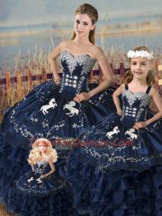 Exquisite Floor Length Lace Up Quince Ball Gowns Navy Blue for Sweet 16 and Quinceanera with Embroidery and Ruffles