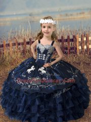 Exquisite Floor Length Lace Up Quince Ball Gowns Navy Blue for Sweet 16 and Quinceanera with Embroidery and Ruffles