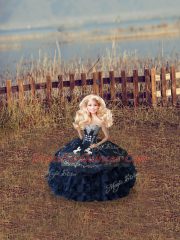 Exquisite Floor Length Lace Up Quince Ball Gowns Navy Blue for Sweet 16 and Quinceanera with Embroidery and Ruffles
