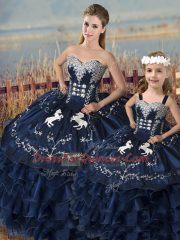 Exquisite Floor Length Lace Up Quince Ball Gowns Navy Blue for Sweet 16 and Quinceanera with Embroidery and Ruffles