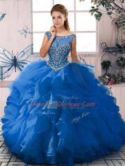 Blue Organza Zipper Scoop Sleeveless Floor Length Quince Ball Gowns Beading and Ruffles