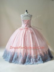 Dynamic Pink Scoop Lace Up Beading and Appliques Quinceanera Gown Sleeveless