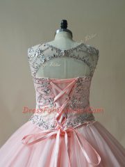Dynamic Pink Scoop Lace Up Beading and Appliques Quinceanera Gown Sleeveless