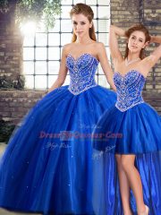 Nice Blue Three Pieces Tulle Sweetheart Sleeveless Beading Lace Up Quinceanera Dresses Brush Train