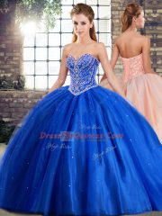 Nice Blue Three Pieces Tulle Sweetheart Sleeveless Beading Lace Up Quinceanera Dresses Brush Train