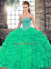 Romantic Turquoise Ball Gowns Sweetheart Sleeveless Tulle Floor Length Lace Up Beading and Ruffles Sweet 16 Dress