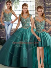 Straps Sleeveless 15th Birthday Dress Floor Length Beading and Appliques Teal Tulle