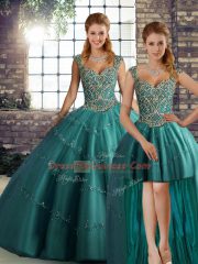 Straps Sleeveless 15th Birthday Dress Floor Length Beading and Appliques Teal Tulle