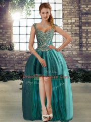 Straps Sleeveless 15th Birthday Dress Floor Length Beading and Appliques Teal Tulle