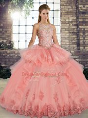 Exceptional Sleeveless Floor Length Lace and Embroidery and Ruffles Lace Up Ball Gown Prom Dress with Watermelon Red