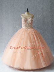 Scoop Sleeveless Tulle Quince Ball Gowns Beading Lace Up