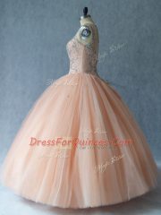 Scoop Sleeveless Tulle Quince Ball Gowns Beading Lace Up
