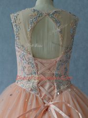 Scoop Sleeveless Tulle Quince Ball Gowns Beading Lace Up