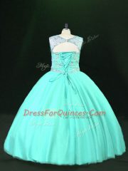 On Sale Tulle Scoop Sleeveless Lace Up Beading Quince Ball Gowns in Turquoise