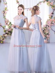 Dazzling Empire Quinceanera Court of Honor Dress Grey High-neck Tulle Cap Sleeves Floor Length Lace Up