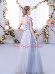 Dazzling Empire Quinceanera Court of Honor Dress Grey High-neck Tulle Cap Sleeves Floor Length Lace Up
