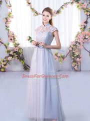 Dazzling Empire Quinceanera Court of Honor Dress Grey High-neck Tulle Cap Sleeves Floor Length Lace Up