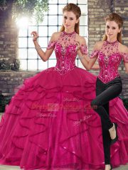 Custom Fit Fuchsia Tulle Lace Up Halter Top Sleeveless Floor Length 15 Quinceanera Dress Beading and Ruffles