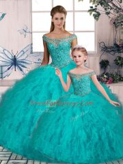 Sleeveless Beading and Ruffles Lace Up Vestidos de Quinceanera with Aqua Blue Brush Train