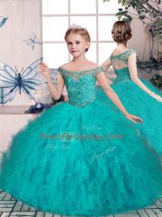 Sleeveless Beading and Ruffles Lace Up Vestidos de Quinceanera with Aqua Blue Brush Train