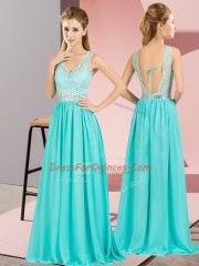 Aqua Blue Empire Beading and Lace and Appliques Prom Gown Backless Chiffon Sleeveless Floor Length