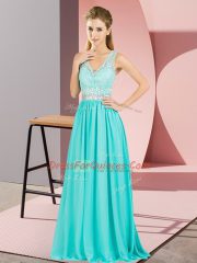 Aqua Blue Empire Beading and Lace and Appliques Prom Gown Backless Chiffon Sleeveless Floor Length