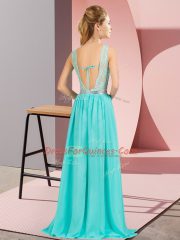Aqua Blue Empire Beading and Lace and Appliques Prom Gown Backless Chiffon Sleeveless Floor Length