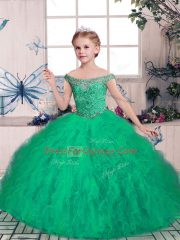Ball Gowns Kids Pageant Dress Green Off The Shoulder Tulle Sleeveless Floor Length Lace Up