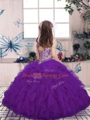 Customized Purple Lace Up Little Girl Pageant Dress Beading and Ruffles Sleeveless Floor Length