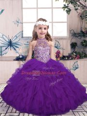 Customized Purple Lace Up Little Girl Pageant Dress Beading and Ruffles Sleeveless Floor Length