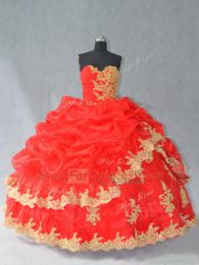 Pretty Red Sleeveless Floor Length Lace and Appliques and Pick Ups Lace Up Sweet 16 Dress
