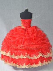 Pretty Red Sleeveless Floor Length Lace and Appliques and Pick Ups Lace Up Sweet 16 Dress