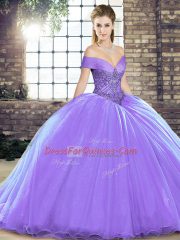 Best Selling Off The Shoulder Sleeveless Quinceanera Dress Brush Train Beading Lavender Organza
