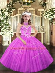 Perfect Halter Top Sleeveless Pageant Gowns Floor Length Appliques Lilac Tulle