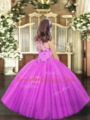 Perfect Halter Top Sleeveless Pageant Gowns Floor Length Appliques Lilac Tulle